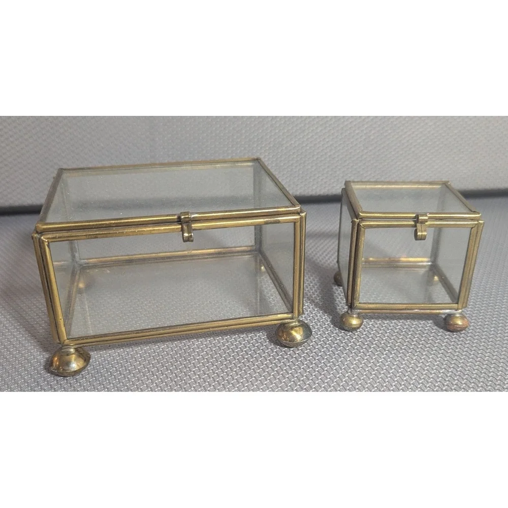 Vintage Brass and Clear Glass Jewelry Trinket Casket Box Set of 2 Footed
